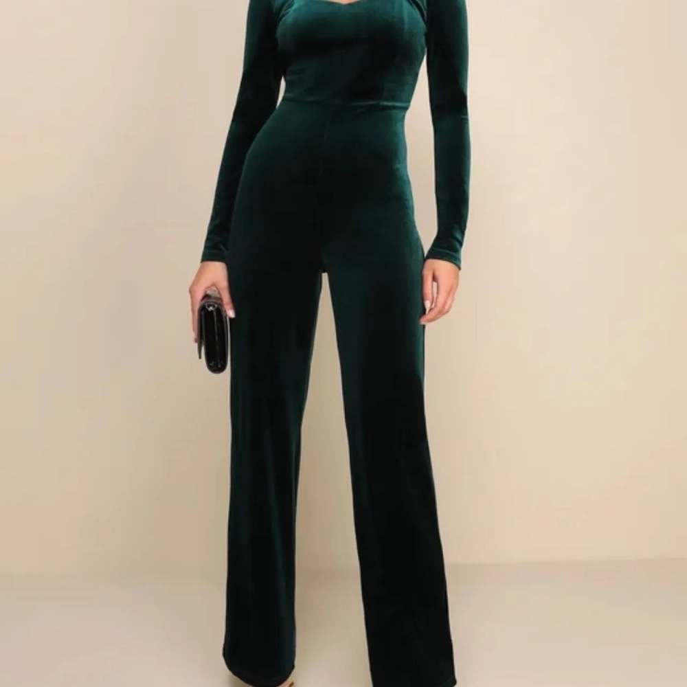 Lulus Instant Stunner Emerald Green Velvet Backless Jumpsuit